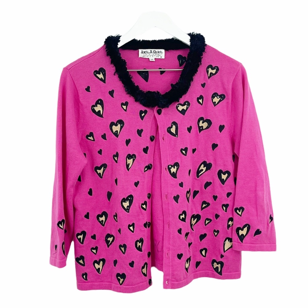Vintage Y2K Legally Blonde Faux Fur Collar Heart Pink Cardigan Sweater SZ M